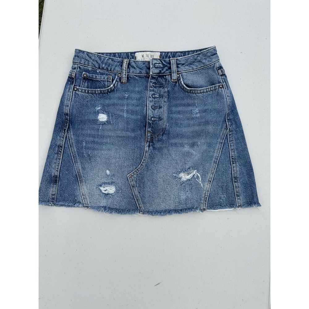 We The Free People Distressed Denim Jean Skirt Size 26 Casual Cotton Button Fly